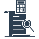 Icon dass die Buchhaltung darstellt. Ein Blatt mit Tachenrechner und Lupe